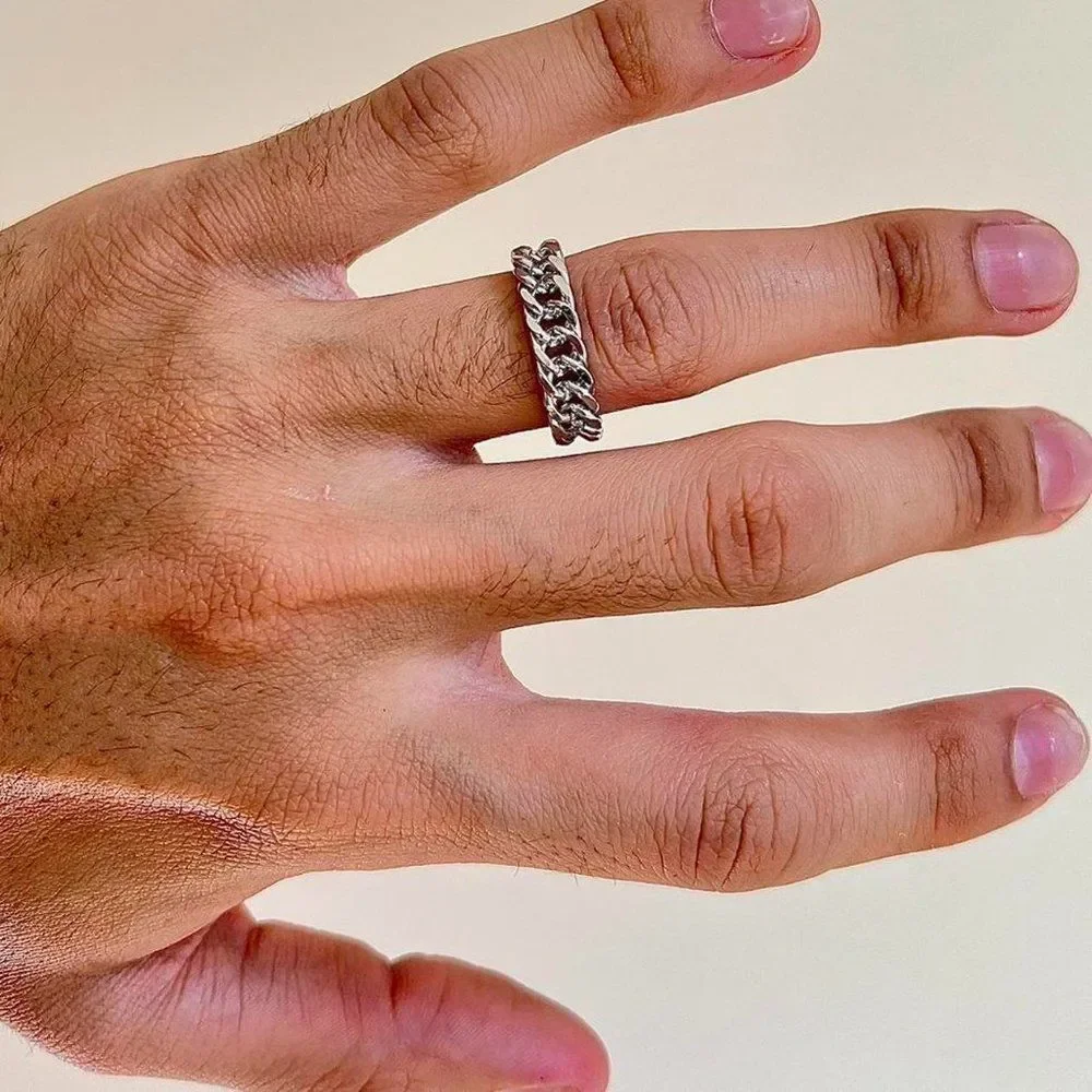 silver stainless steel cuban link ring
